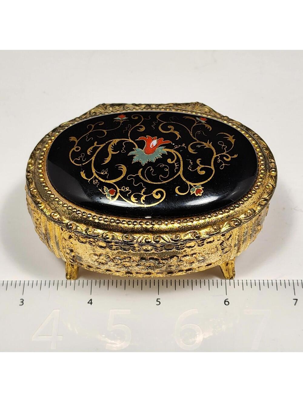 Vtg Japan Footed Oval Trinket Jewelry Box Hinged Lined BRASS CERAMIC FLORAL